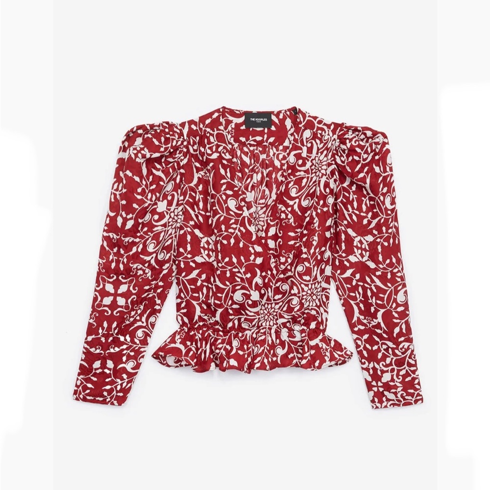 The Kooples Red and White Floral Print Puff-Sleeve Blouse